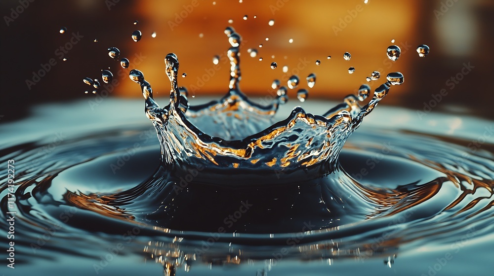Poster dramatic splash of water capturing droplets and ripples in high speed against a blurred background :