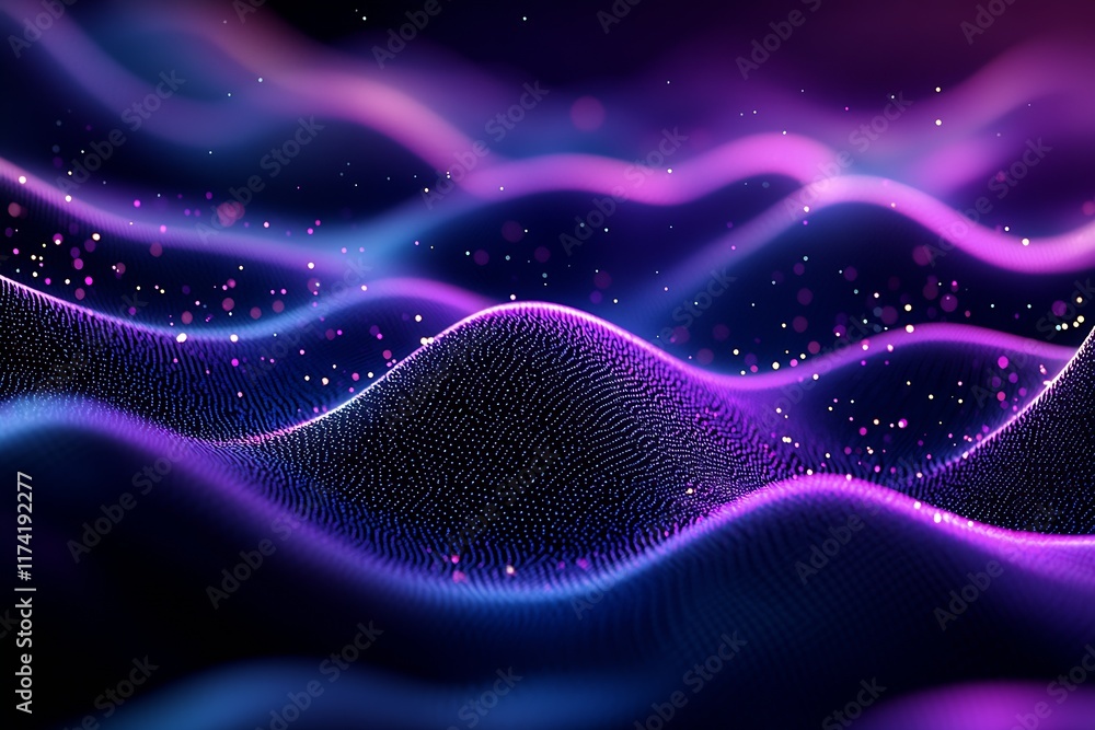 Poster vibrant purple and blue abstract digital wave background with glittering particles : generative ai