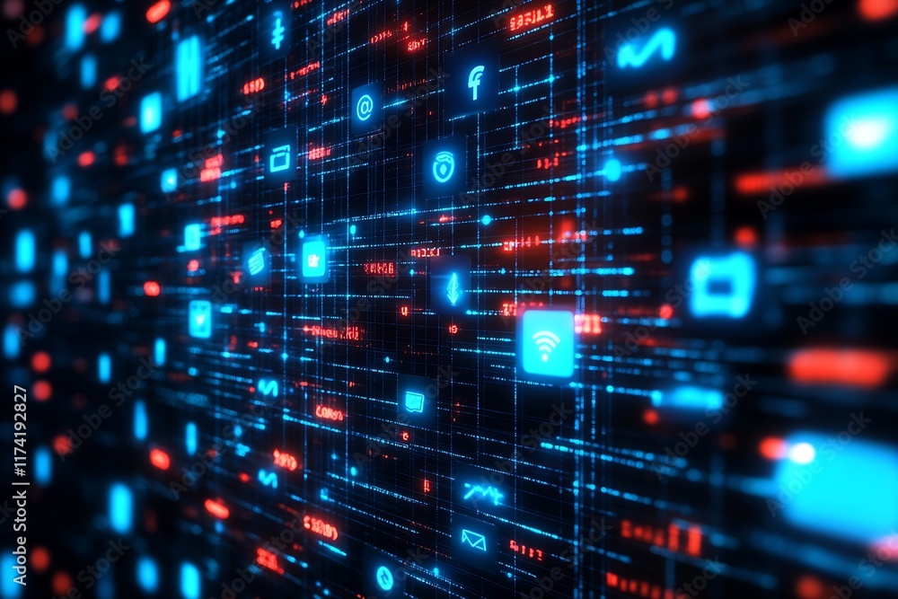 Aufkleber futuristic digital network with glowing blue and red icons : generative ai