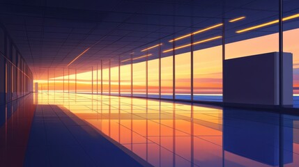 Fototapeta premium Modern Glass Corridor Sunset Reflection Minimalist Architecture