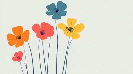 Smiling Orange, Red, Yellow & Blue Flowers, Minimalist Floral Design, Copy Space