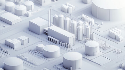 A white industrial plant with large storage tanks, silos, and more on the right side of an isometric map