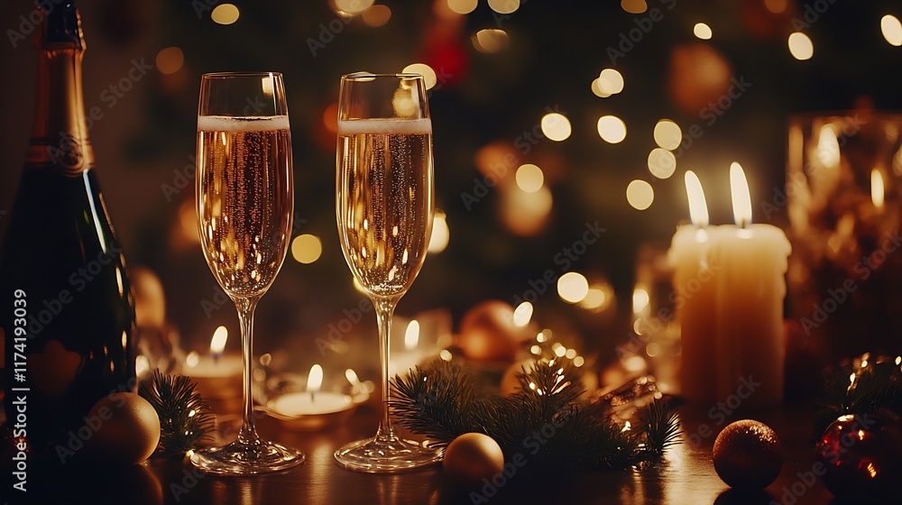 Poster festive new year champagne toast with bokeh lights and warm candle ambiance : generative ai