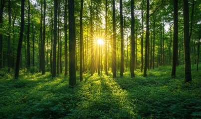 Sunbeams through lush green forest.