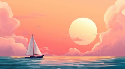Fototapeta premium Solitary Sailboat at Sunset, Peaceful Ocean Scene