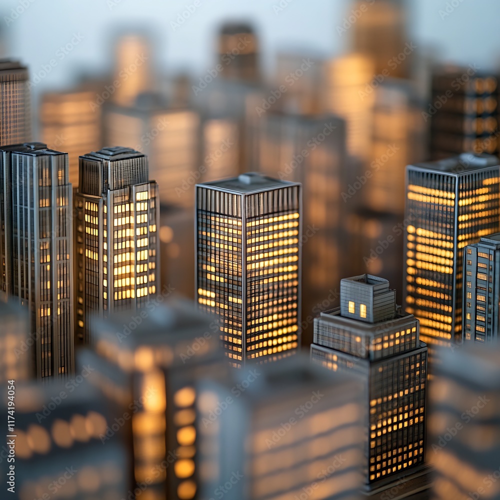 Aufkleber illuminated evening view of city skyscrapers in urban setting : generative ai