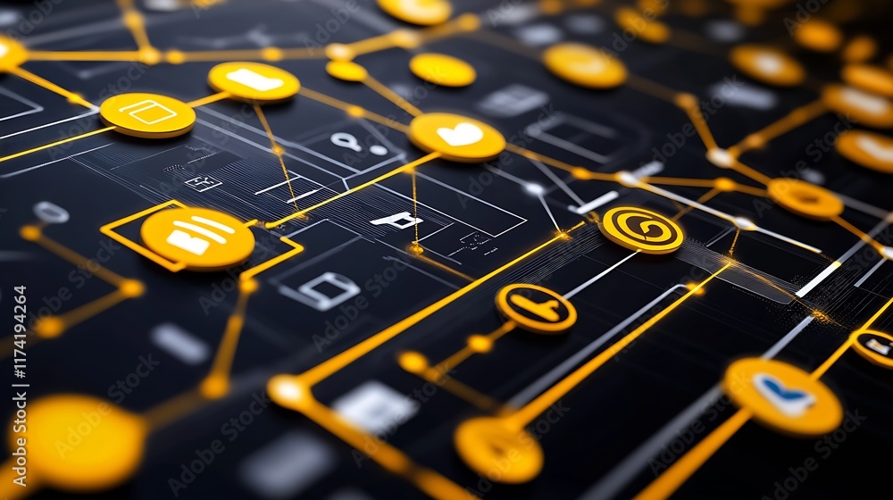 Poster Digital Network Connection with Yellow Icons on Dark Background Concept : Generative AI