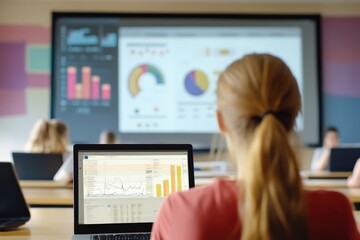 Female student analyzing data in classroom with laptops and interactive presentation
