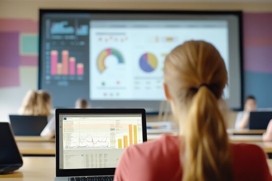 Female student analyzing data in classroom with laptops and interactive presentation