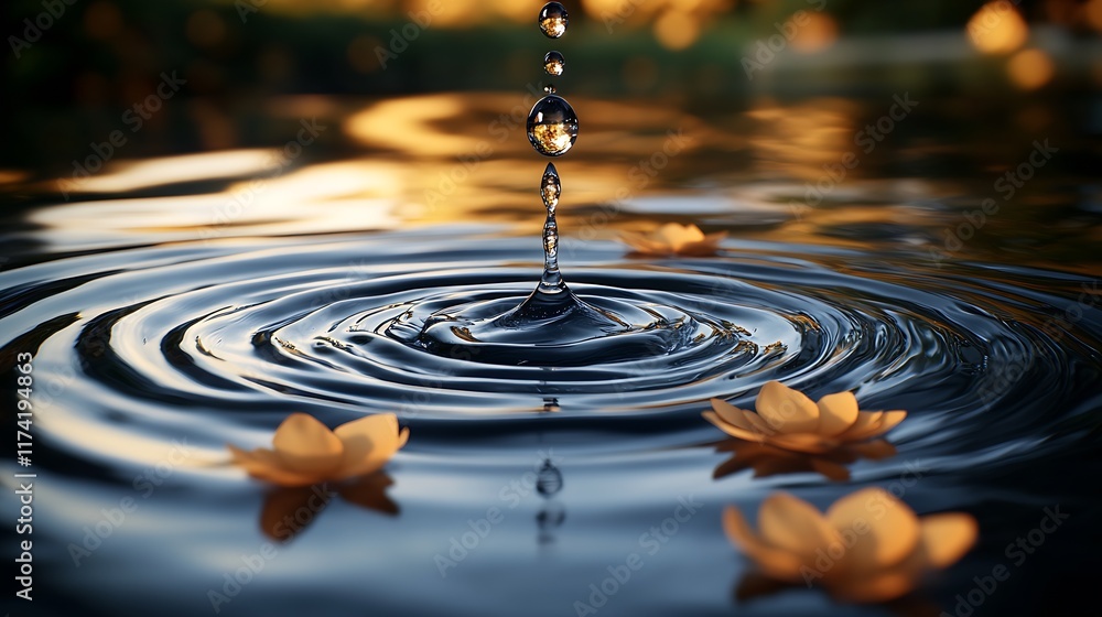 Poster Water Drop Creating Ripple on Reflective Surface with Floating Orange Flowers : Generative AI
