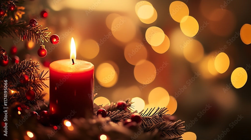 Aufkleber festive candle and evergreen decor with glowing bokeh background : generative ai