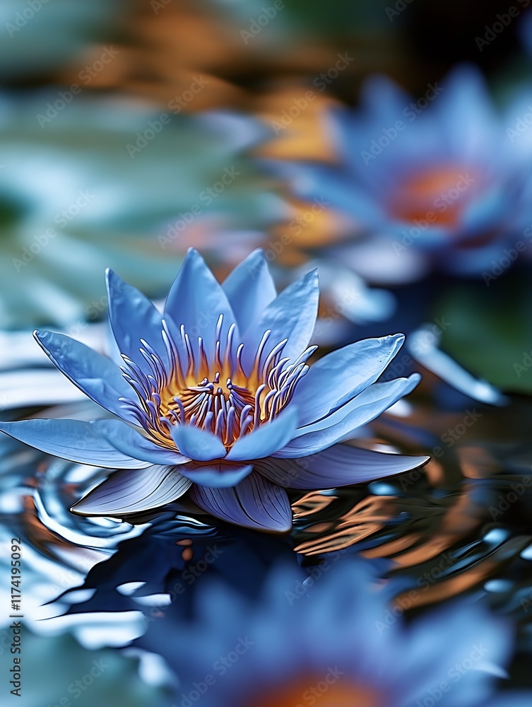 Poster stunning closeup of blue water lily floating on calm water surface in a tranquil pond : generative a