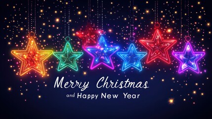 Obraz premium Colorful neon Christmas stars on dark blue background. Festive greeting card template for Christmas and New Year. Ideal for social media posts, website banners, or email marketing.