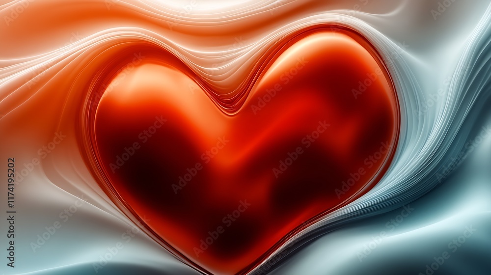 Poster abstract digital heart shape in fiery red and smooth fabric background : generative ai