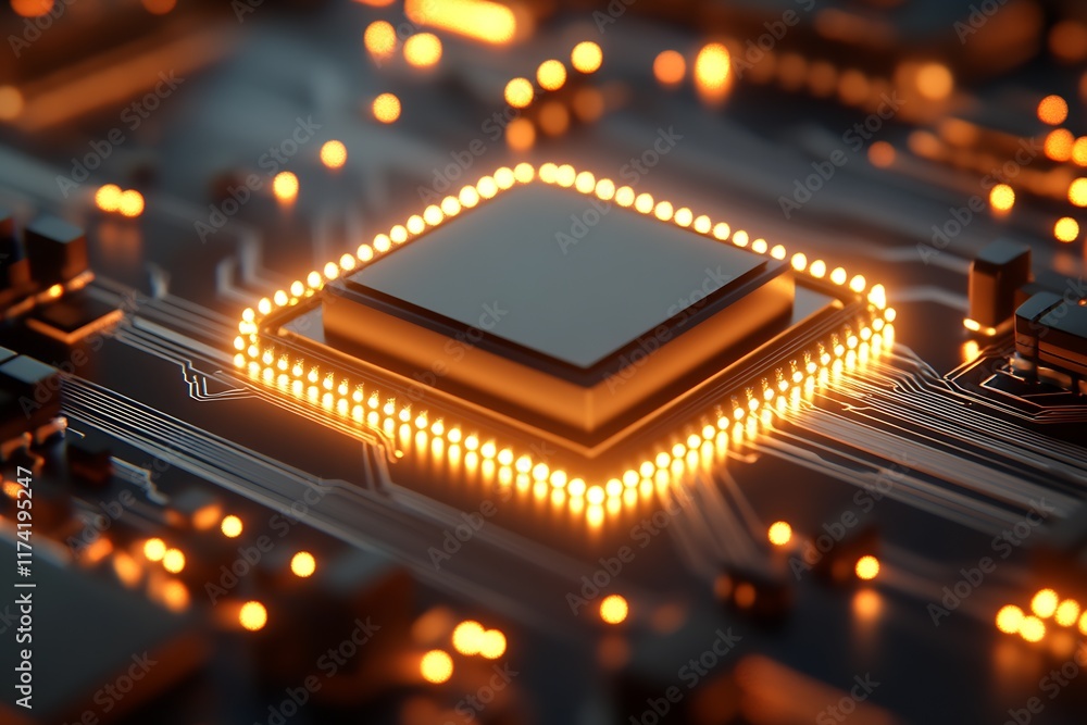 Poster Close Up of Glowing CPU on Circuit Board Representing Advanced Cyber Technology and Innovation : Generative AI