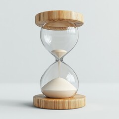Naklejka premium A glass hourglass with wooden base, sand slowly flowing, symbolizing time's passage.