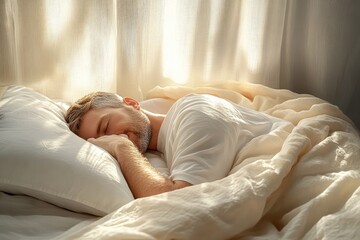 Serene Bedroom Scene with Middle-aged Man Sleeping Peacefully on Pillow in Soft Natural Light