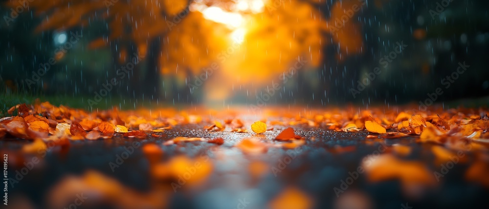Poster autumn rain falling on wet leaf covered road in an enchanting forest : generative ai