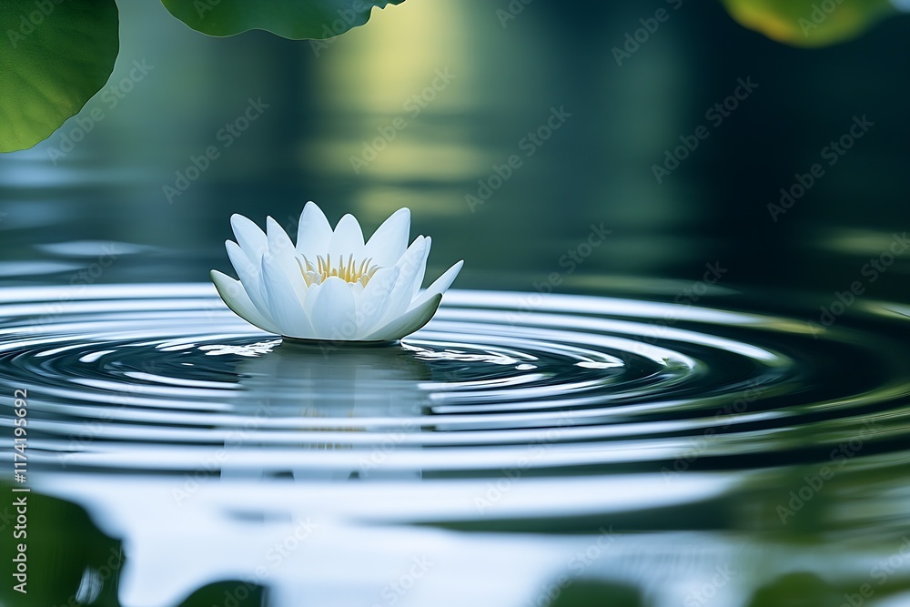 Poster white water lily gracefully floating in calm reflective pond surface : generative ai