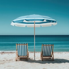 Fototapeta premium Two striped beach chairs sit under a matching umbrella on a sandy beach overlooking a tranquil ocean.