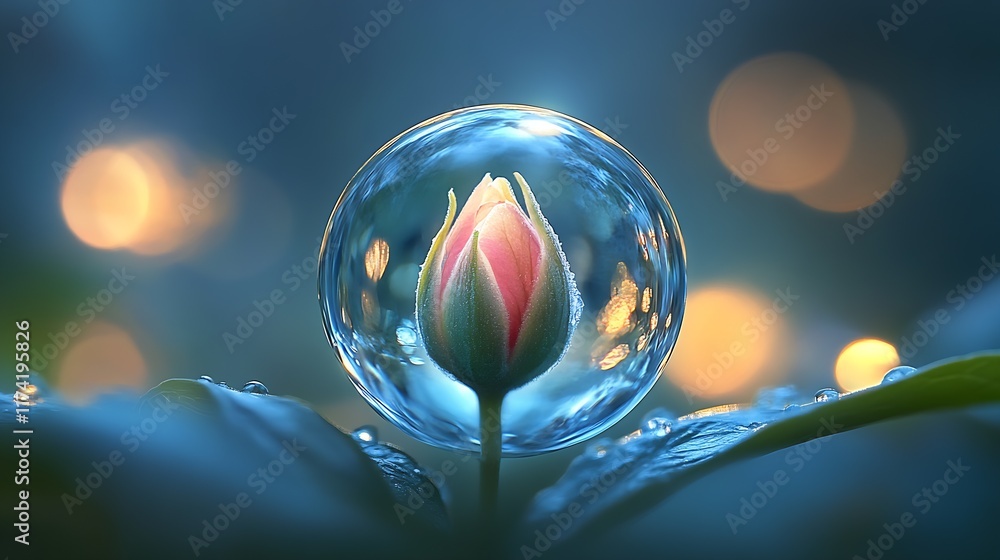 Poster single rosebud in glass orb with bokeh light aesthetic : generative ai