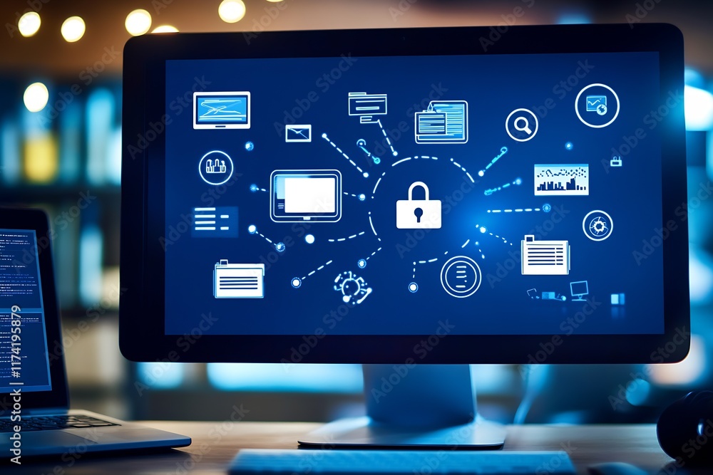 Poster Cybersecurity Concept with Computer Screen Lock Symbol in Connected Digital Network : Generative AI