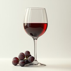 A glass of red wine rests beside a bunch of red grapes on a white background.