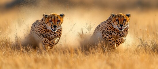 Two cheetahs running in tall grass, creating dust as they sprint.