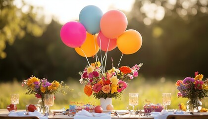 Sunlit meadow birthday table with balloons and colorful decorations