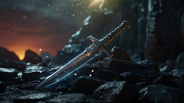 Knight's sword on the stone of a magical fantasy world. Seamless 4K looping timelapse video animation background
