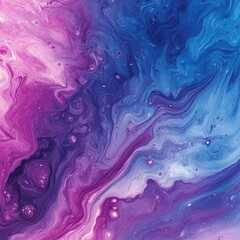 Abstract fluid art painting with swirling purple and blue colors, resembling a cosmic nebula.