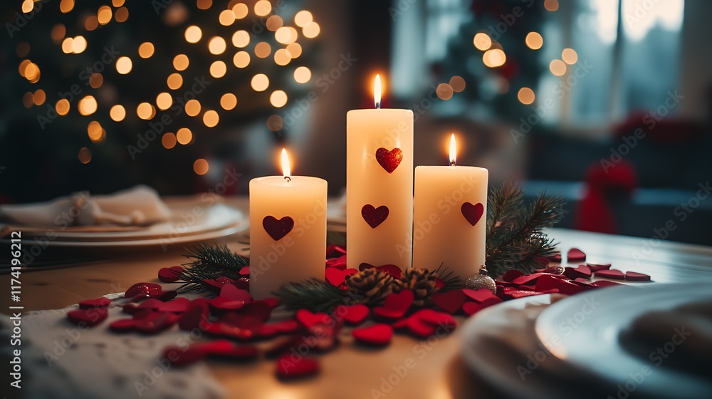 Poster romantic table setting with lit candles and heart shaped decor for cozy evening : generative ai