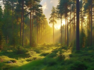 Obraz premium Golden Sunrise Forest: A Serene, Impressionistic Landscape