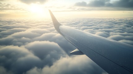 Obraz premium Airplane Wing Over Dramatic Cloudscape During Beautiful Sunset Flight : Generative AI