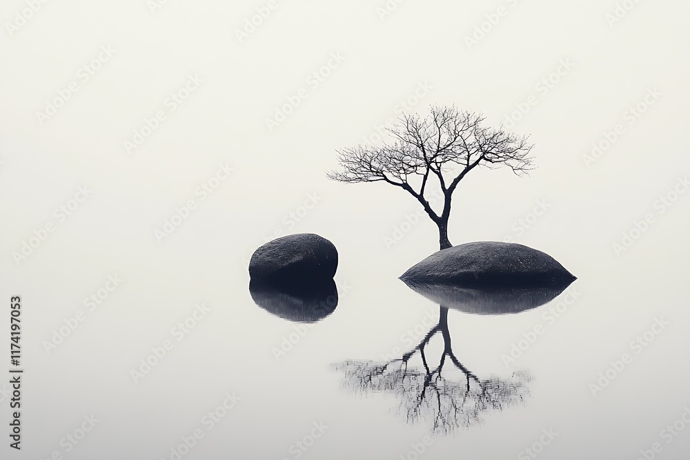 Poster Minimalist Zen Tree on Rocky Island with Perfect Reflection in Calm Waters : Generative AI