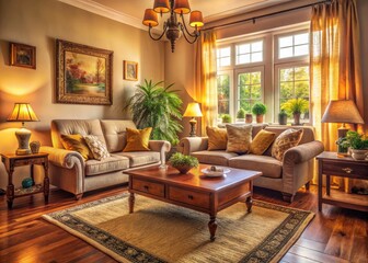 Warm, inviting neutral living room; vintage photography captures soft light and elegant interior design.