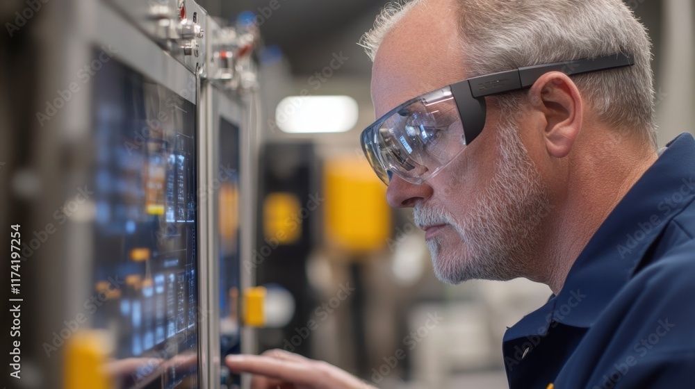 Poster industrial engineer wearing augmented reality glasses interacts with a control panel to monitor and 