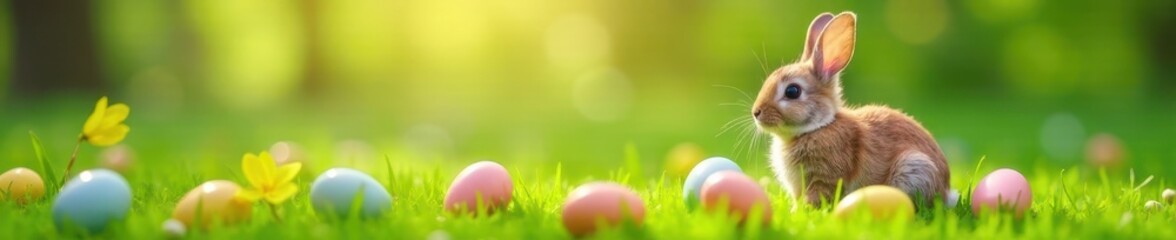 Fototapeta premium Adorable little bunny sitting on a patch of green grass with colorful Easter eggs surrounding it, small creature, grass, green grass