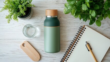 A vibrant workspace is filled with a green water bottle, lush plants, a glass of water, and a notebook ready for ideas. This setup encourages creativity and focus in a calming environment.