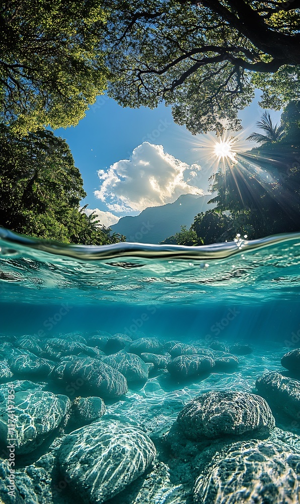Poster scenic split view of tropical mountain and clear water with sunlight streaming through trees : gener