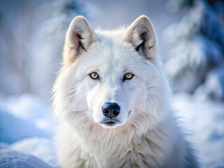 Obraz premium Winter's embrace: a stunning white wolf portrait, embodies the wild beauty of a snowy landscape.