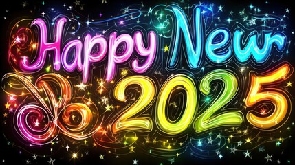 Vibrant neon Happy New Year 2025 greeting with sparkling trails and stars. Ideal for festive social media posts, e-cards, or party invitations.