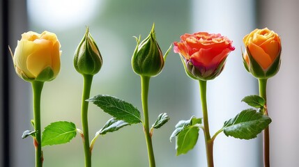 The growth of new flowers emerge from bud to bloom as sunlight shines in the early morning 