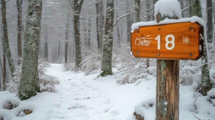 Snowy trail marker in winter forest.