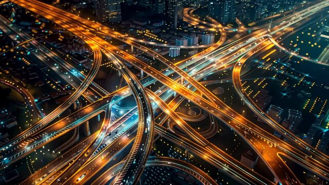 Aerial view of bustling urban highway interchange at night, showcasing vibrant traffic lights and vehicles navigating intricate network of roads in city.