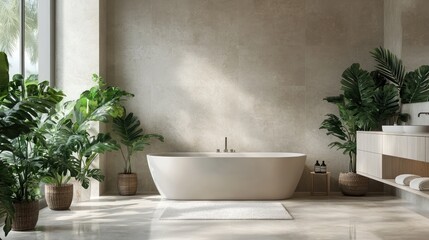 Elegant and modern spa bathroom with minimalist design and lush green plants