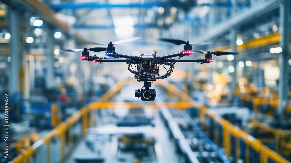 Poster modern technology automating production processes with a drone equipped with a camera flying in an i