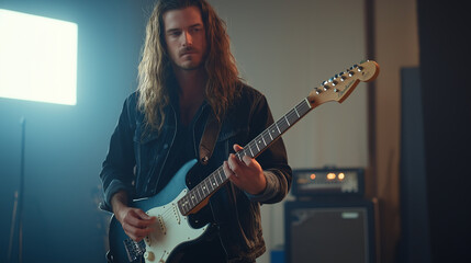 Obraz premium Man with long hair holding a guitar, standing in a studio with minimalist décor, soft focus on the instrument