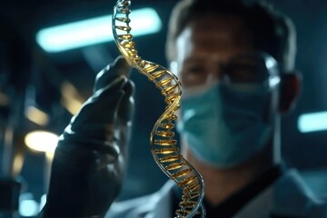 Researcher in laboratory: DNA analysis, scientific discovery, genetic study, innovative experiment, molecular biology, research focus, groundbreaking technology, lab equipment, genetic material.