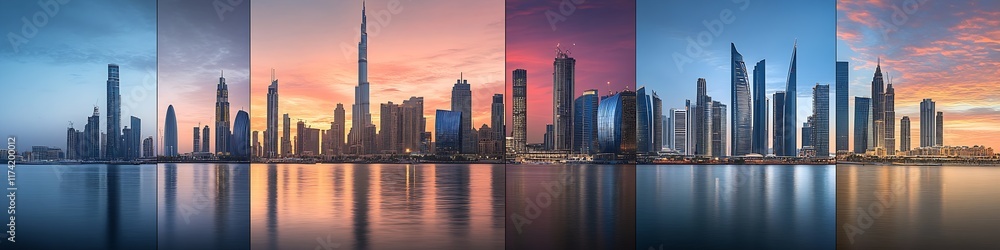 Poster panoramic view of dubai skyline at dusk captured in multiple phases with stunning sunset reflection 